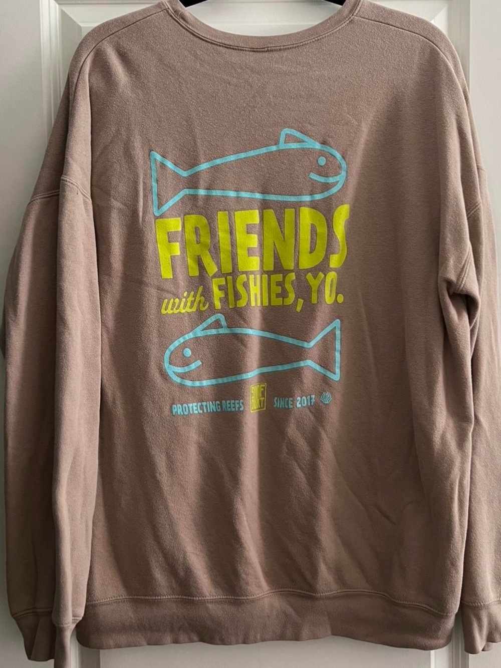 Friends with Fishies Yo. Crewneck Sweatshirt - Taupe with Yellow & Aqua